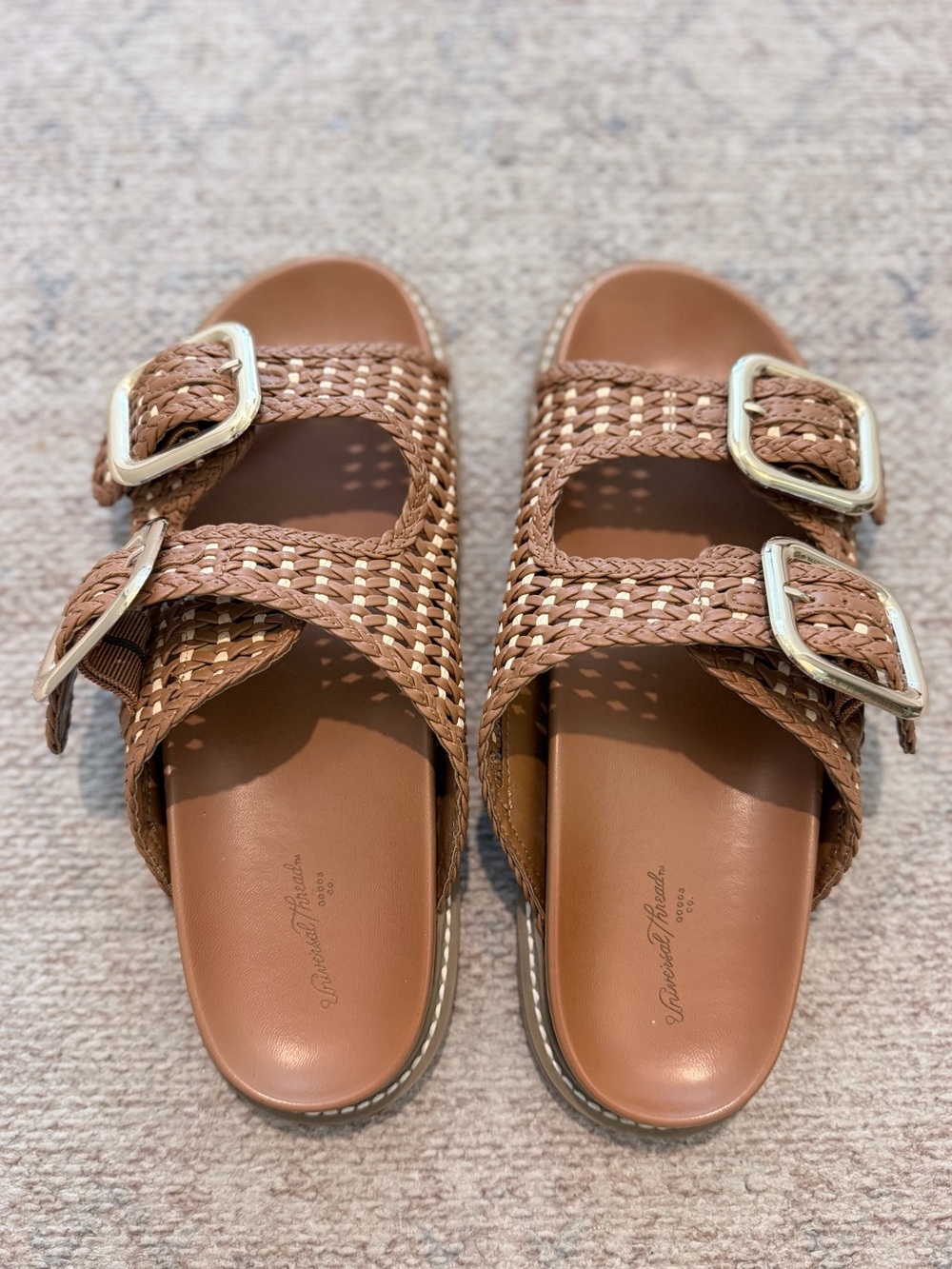 Universal Thread Woven Double Buckle Slide Sandals, Brown and Cream, Size 9